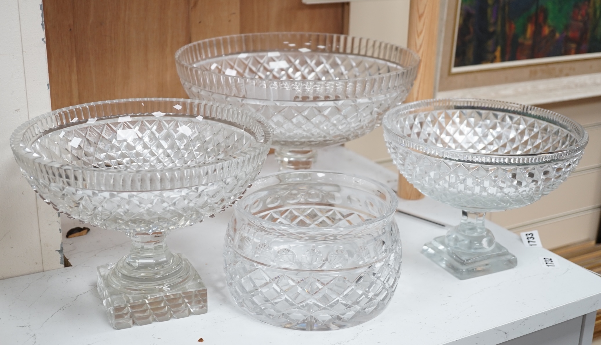 Voneche glass comprising three pedestal bowls and another bowl, largest 32cm in diameter. Condition - fair to good